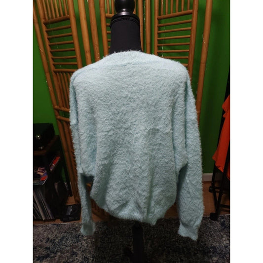 Mint Blue Fuzzy Knit V-Neck Sweater Large Pearl Embellished Dolman Pullover