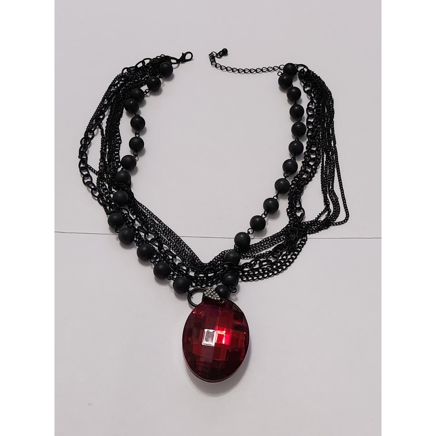 Gothic Multi Strand Black Chain Matte Bead Necklace Large Red Faceted Pendant