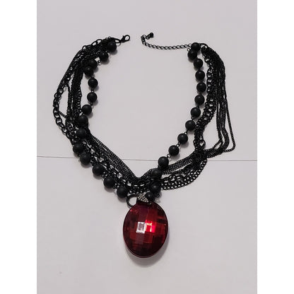 Gothic Multi Strand Black Chain Matte Bead Necklace Large Red Faceted Pendant
