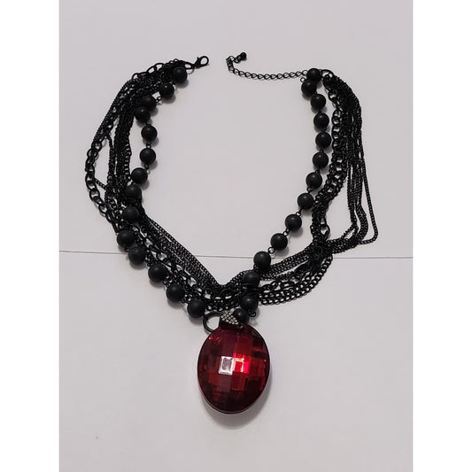 Gothic Multi Strand Black Chain Matte Bead Necklace Large Red Faceted Pendant
