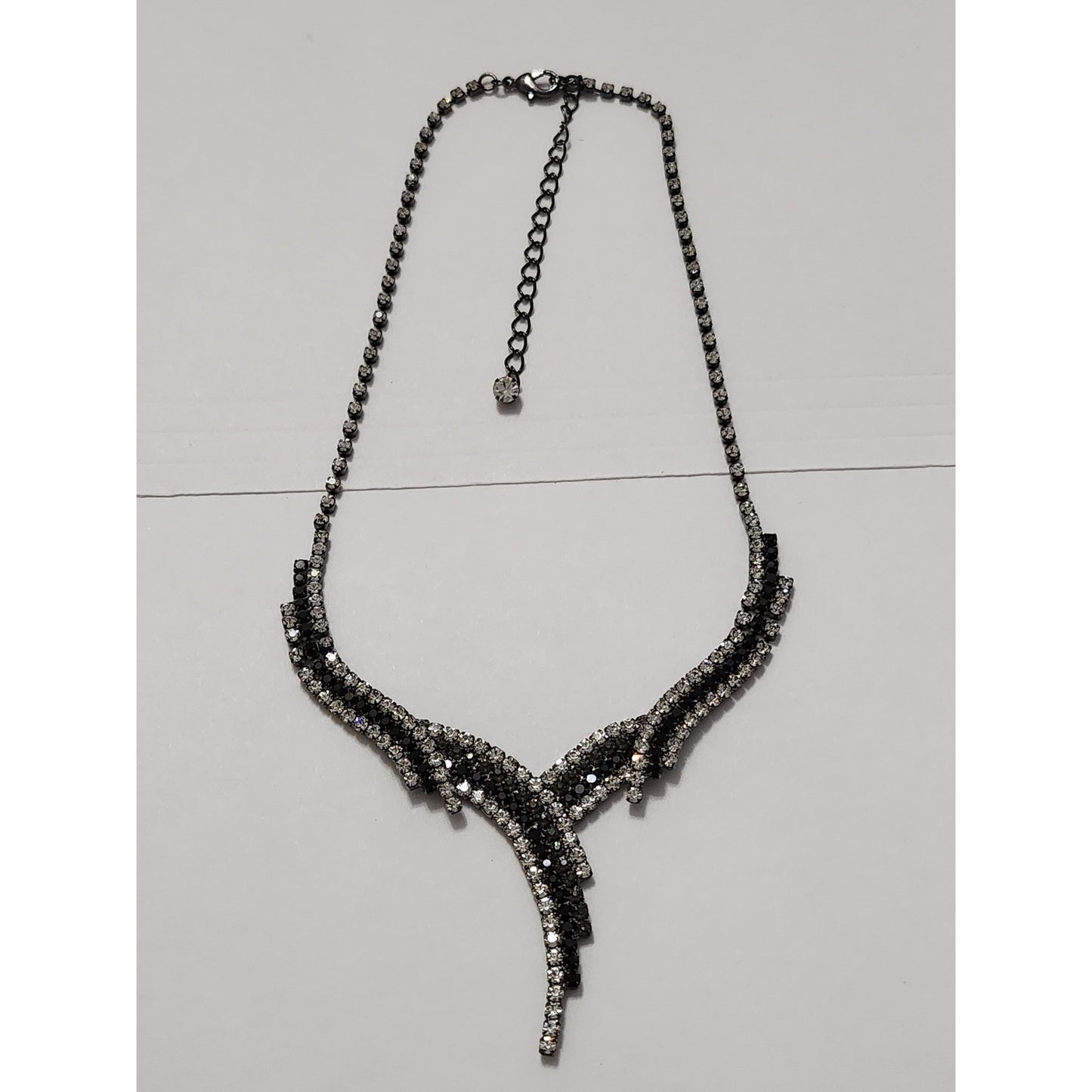Gunmetal Black and Clear Rhinestone V-Shape Bib Statement Necklace Evening Wear