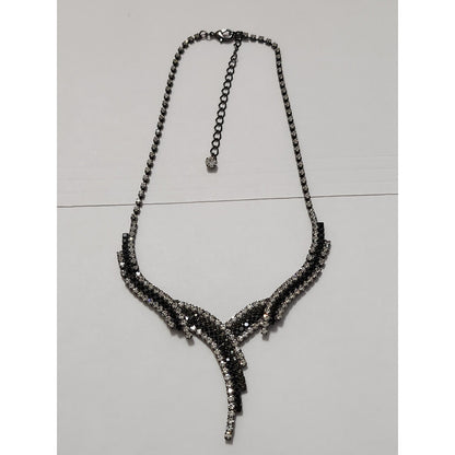 Gunmetal Black and Clear Rhinestone V-Shape Bib Statement Necklace Evening Wear