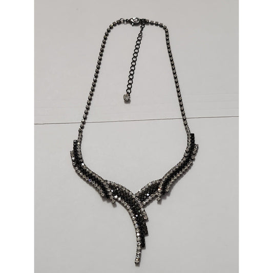 Gunmetal Black and Clear Rhinestone V-Shape Bib Statement Necklace Evening Wear