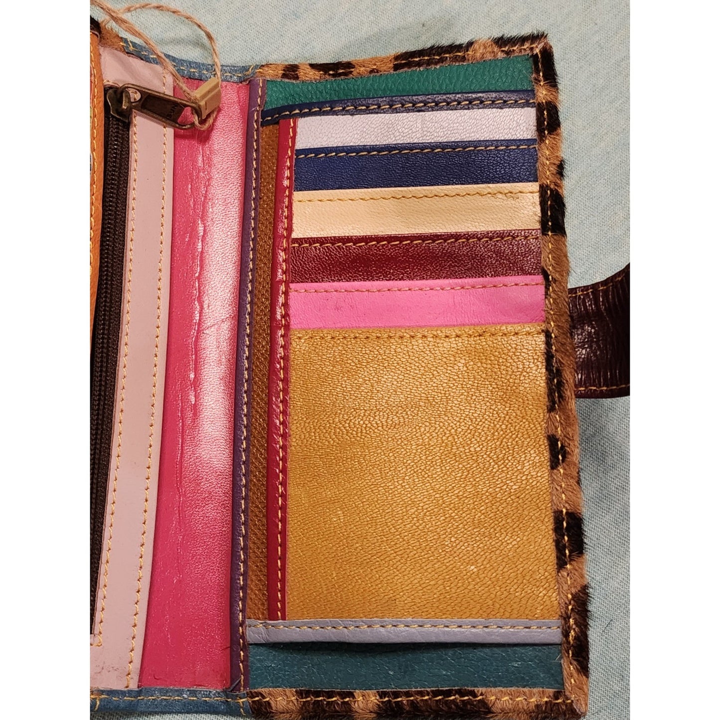 NWT Mari Giraffe Cowhide Print Wallet Teal Leather Rainbow Interior Long Clutch