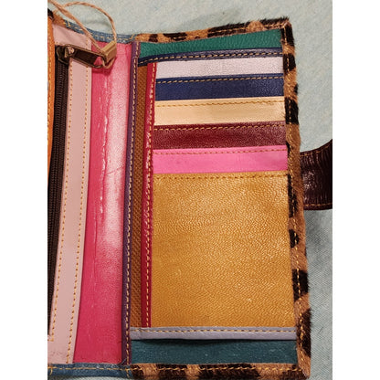 NWT Mari Giraffe Cowhide Print Wallet Teal Leather Rainbow Interior Long Clutch