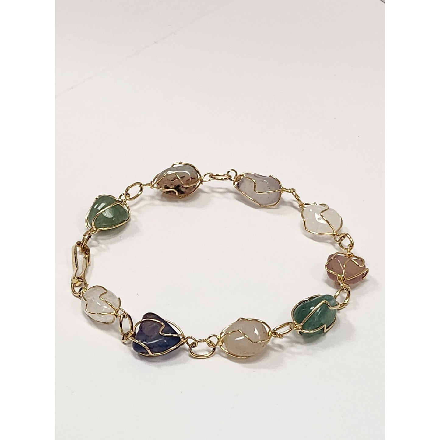 Handmade Wire Wrapped Tumble Gemstone Link Bracelet Gold Tone Boho Natural Stone