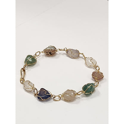 Handmade Wire Wrapped Tumble Gemstone Link Bracelet Gold Tone Boho Natural Stone