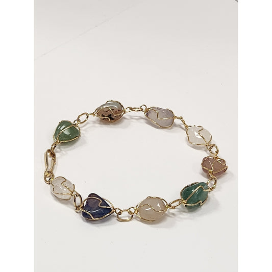 Handmade Wire Wrapped Tumble Gemstone Link Bracelet Gold Tone Boho Natural Stone