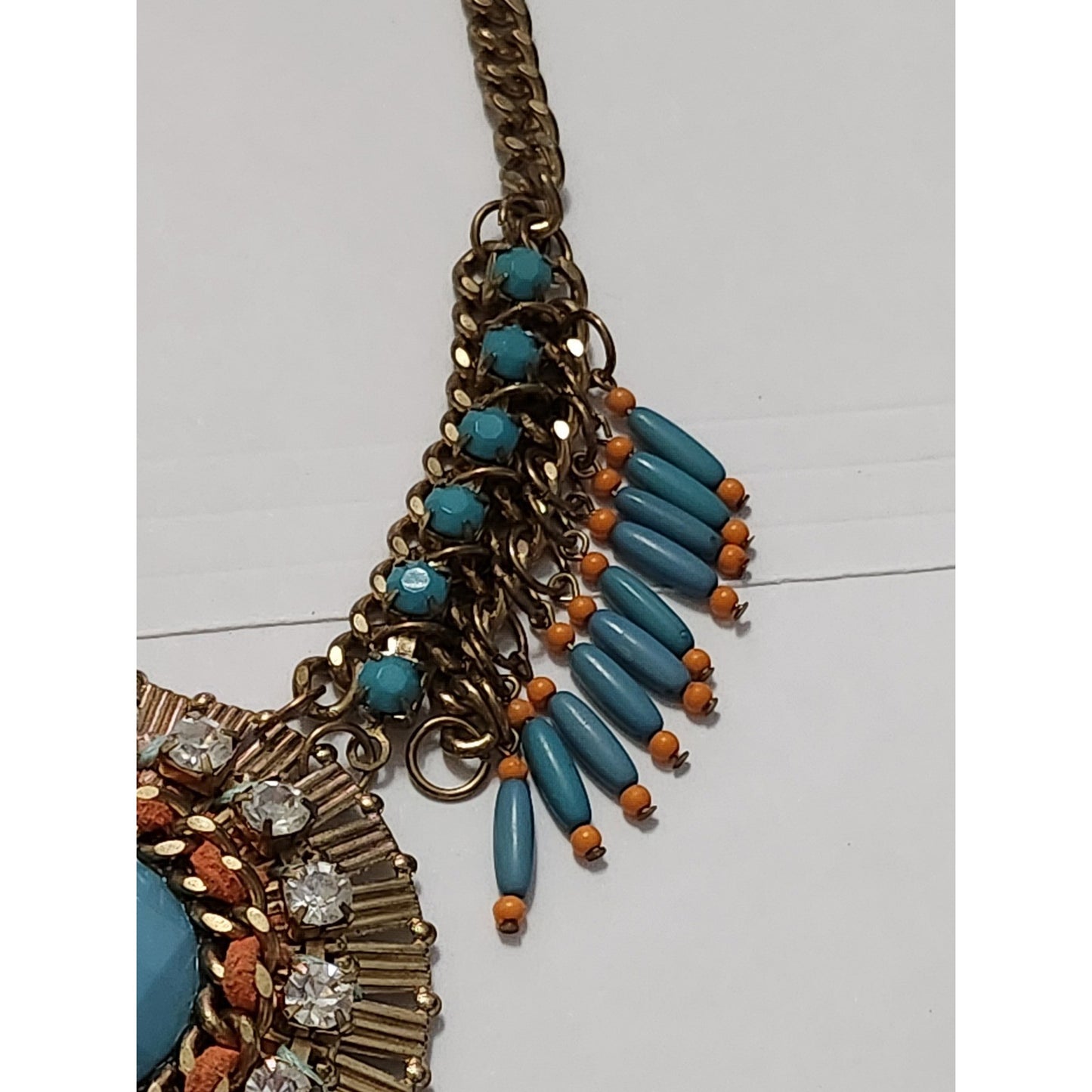 Boho Turquoise Blue Orange Beaded Statement Bib Necklace Gold Tone Rhinestone