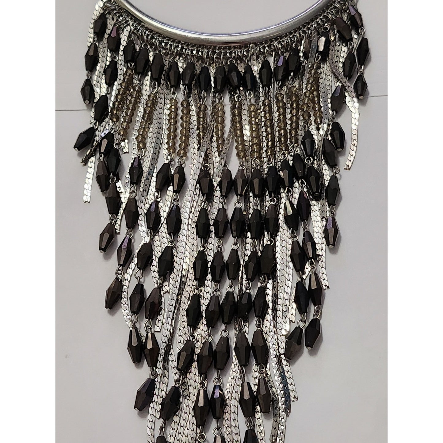 Charming Charlie Silver Black Beaded Tassel Fringe Statement Bib Necklace Boho