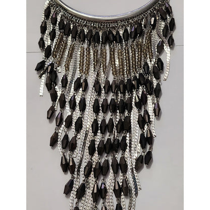 Charming Charlie Silver Black Beaded Tassel Fringe Statement Bib Necklace Boho