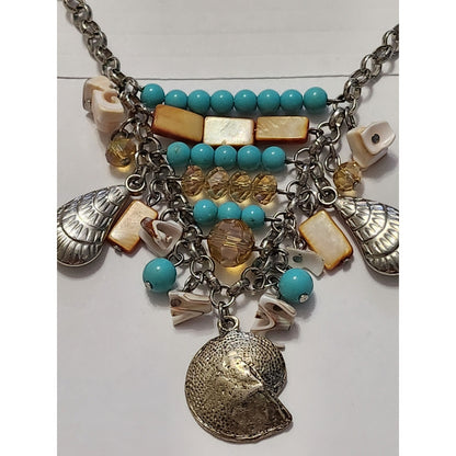 Jessica Simpson Turquoise Mother of Pearl Shell Statement Bib Necklace Silver