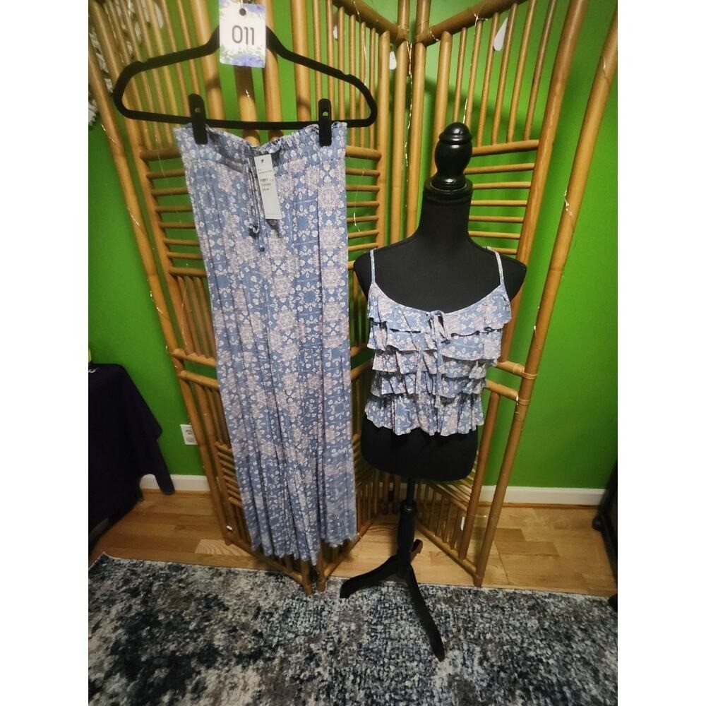 NWT Blue B 2 Piece Set Pants Outfit Denim Blue Paisley Boho Ruffle Smock