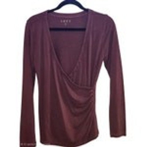 LOFT Womens Size M Burgundy Faux Wrap Top Long Sleeve Ruched Side Deep V-Neck
