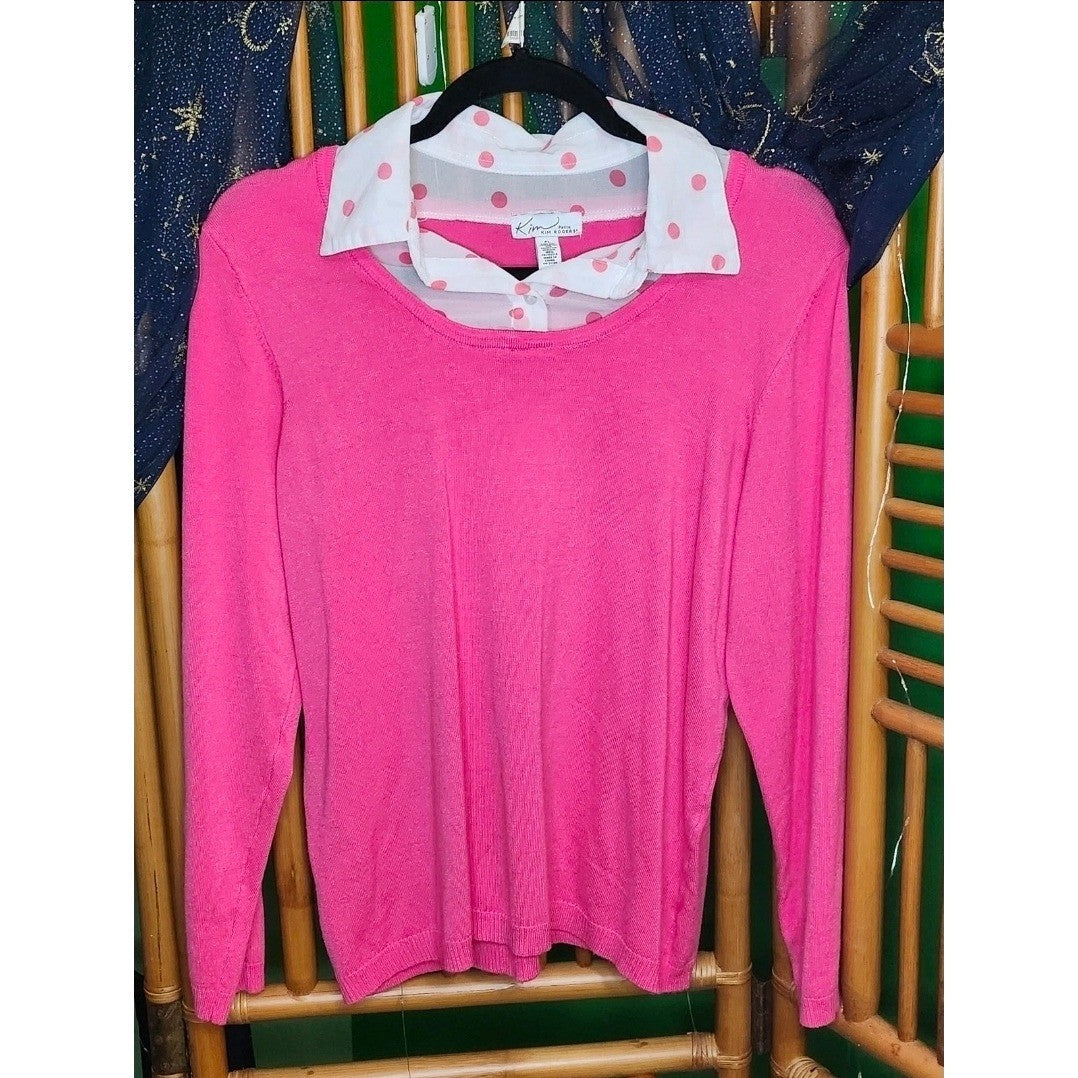 Kim Rogers Petite PL Pink Crewneck Sweater Faux Collar Polka Dot Layered Look