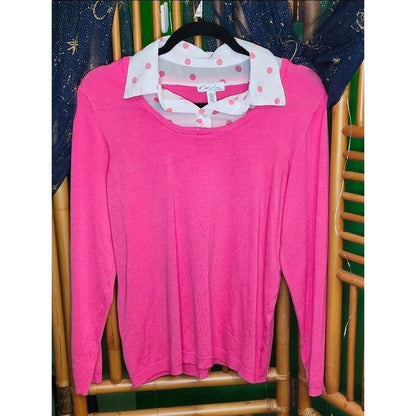 Kim Rogers Petite PL Pink Crewneck Sweater Faux Collar Polka Dot Layered Look