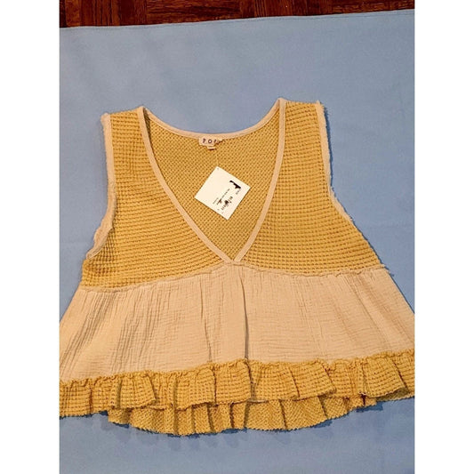 POL Mixed Media Tank Top Yellow Cream Waffle Knit Ruffle Boho Summer Festival