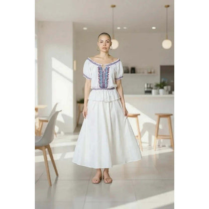 Jennifer & Grace Cream Boho-Chic Embroidered Peplum Blouse Short Sleeve Cream