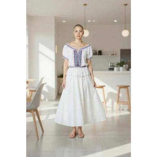 Jennifer & Grace Cream Boho-Chic Embroidered Peplum Blouse Short Sleeve Cream