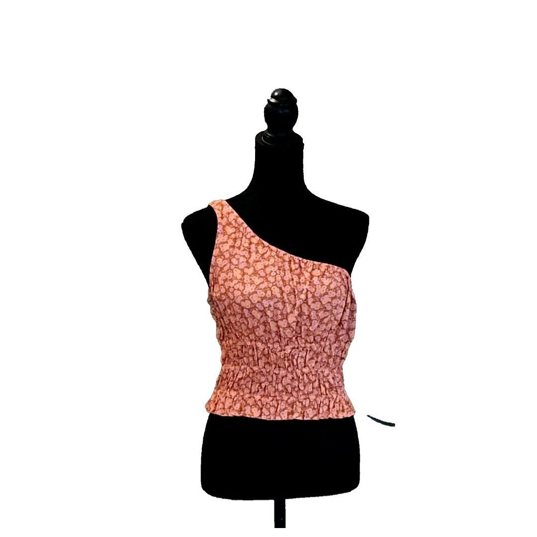 Floral One Shoulder Smocked Waist Top Pink Orange Ruffle Hem Summer Blouse M