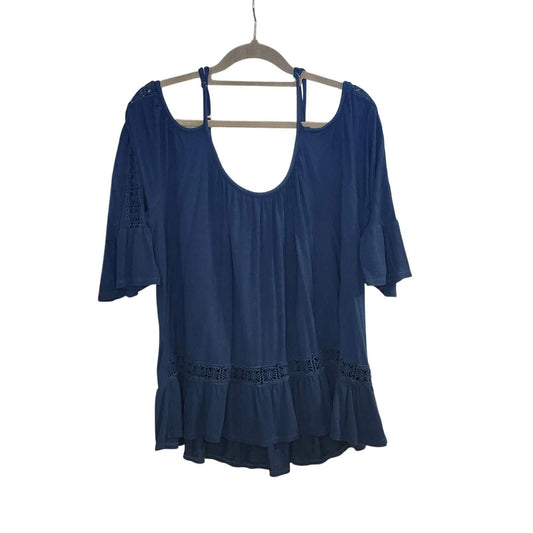 Cato Womens Navy Blue Cold Shoulder Boho Blouse Spaghetti Strap Lace Trim Top