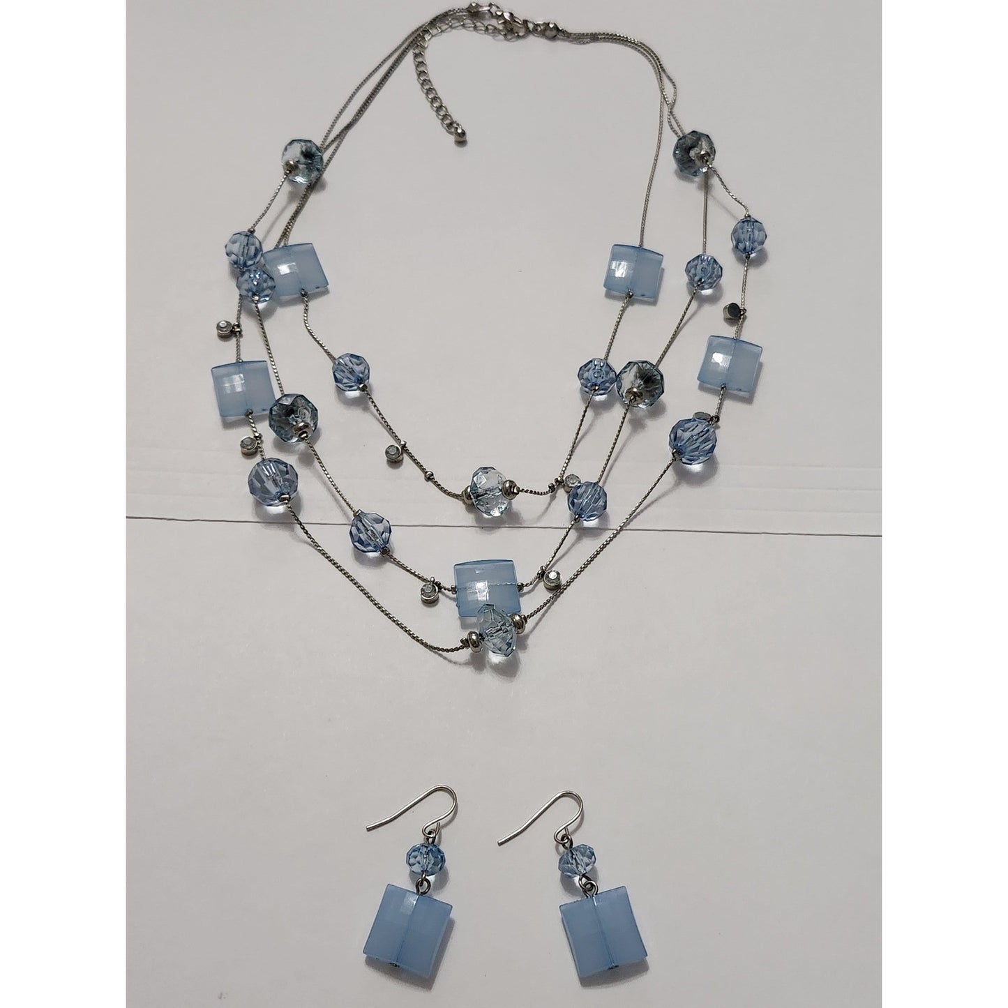 Blue Beaded Multi Strand Necklace and Earring Set Silver Tone Layered Jewelry