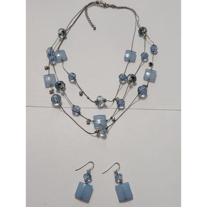 Blue Beaded Multi Strand Necklace and Earring Set Silver Tone Layered Jewelry