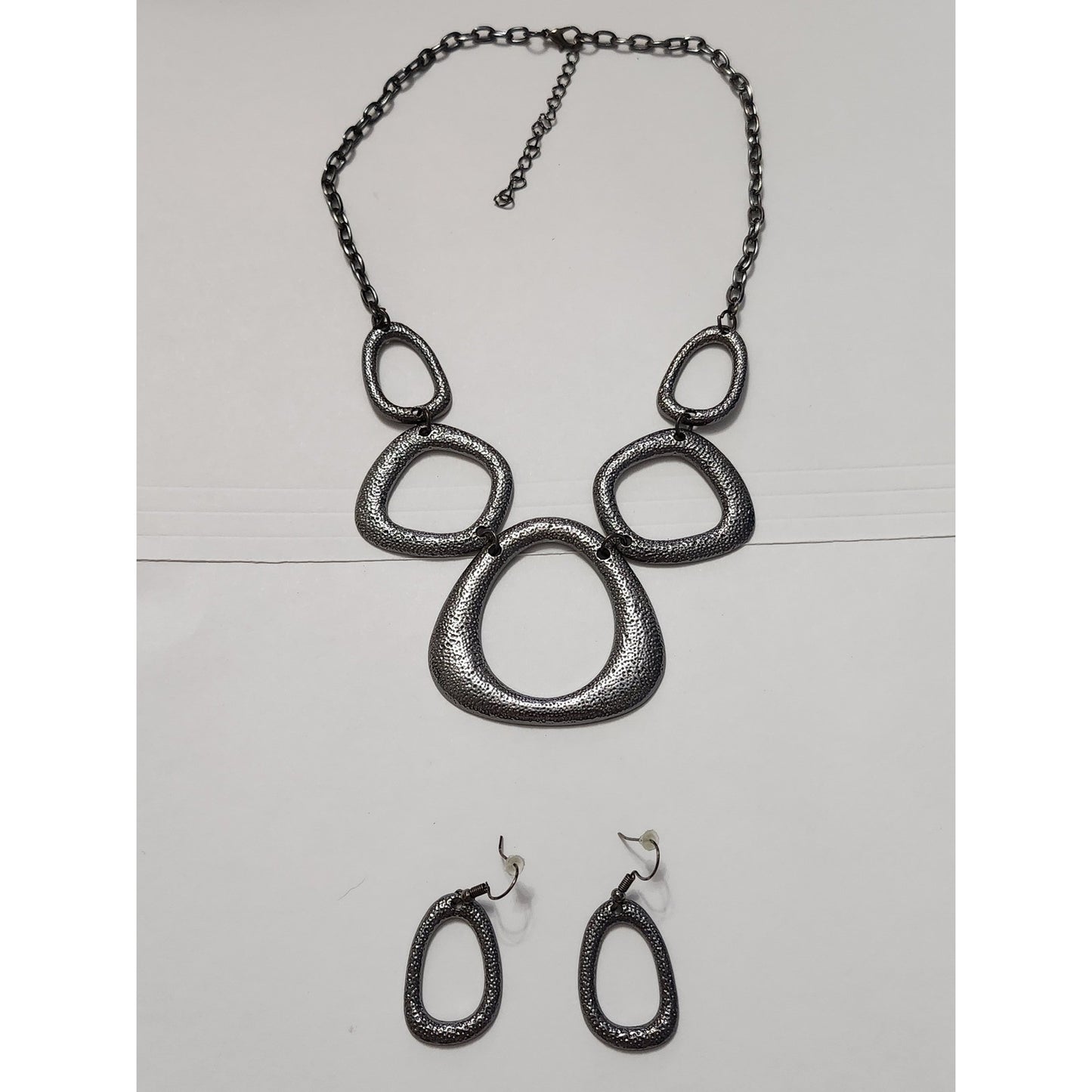 Gunmetal Textured Bib Necklace and Earring Set Geometric Statement Jewelry