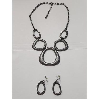 Gunmetal Textured Bib Necklace and Earring Set Geometric Statement Jewelry