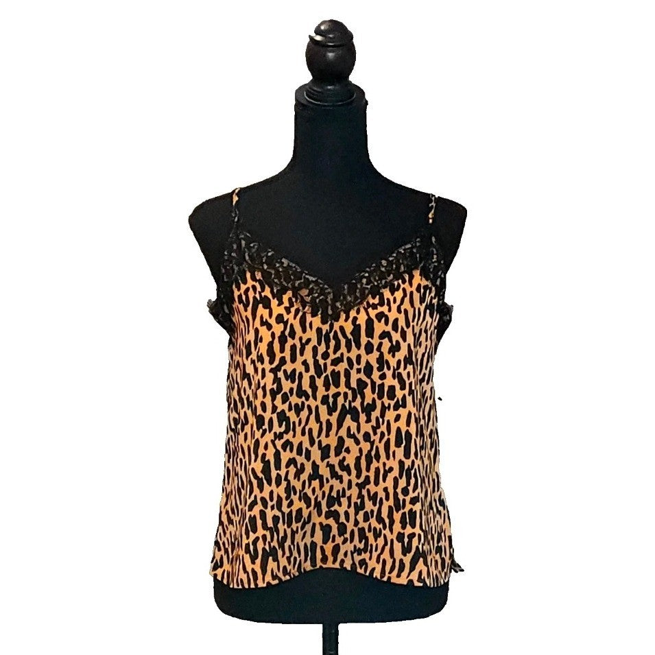 BP Nordstrom Leopard Print Satin Cami Tank Top Black Lace Trim V-Neck S