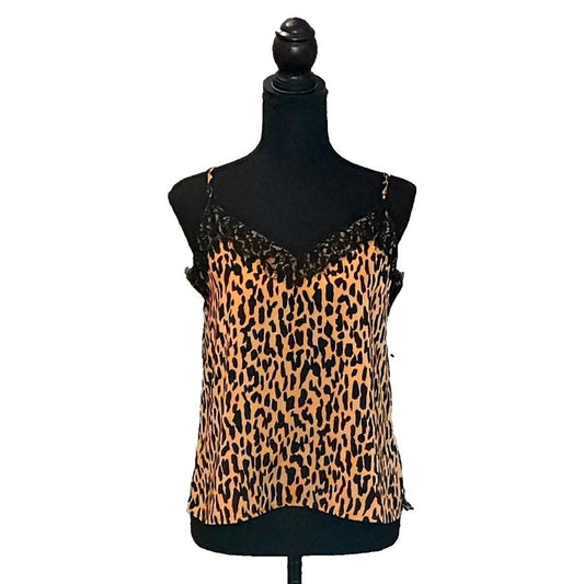 BP Nordstrom Leopard Print Satin Cami Tank Top Black Lace Trim V-Neck S