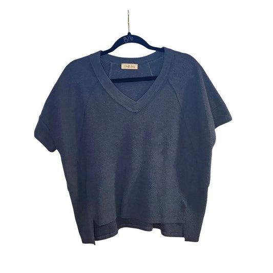 Boutique Navy Blue Textured Waffle Knit V-Neck Top Oversized Slouchy