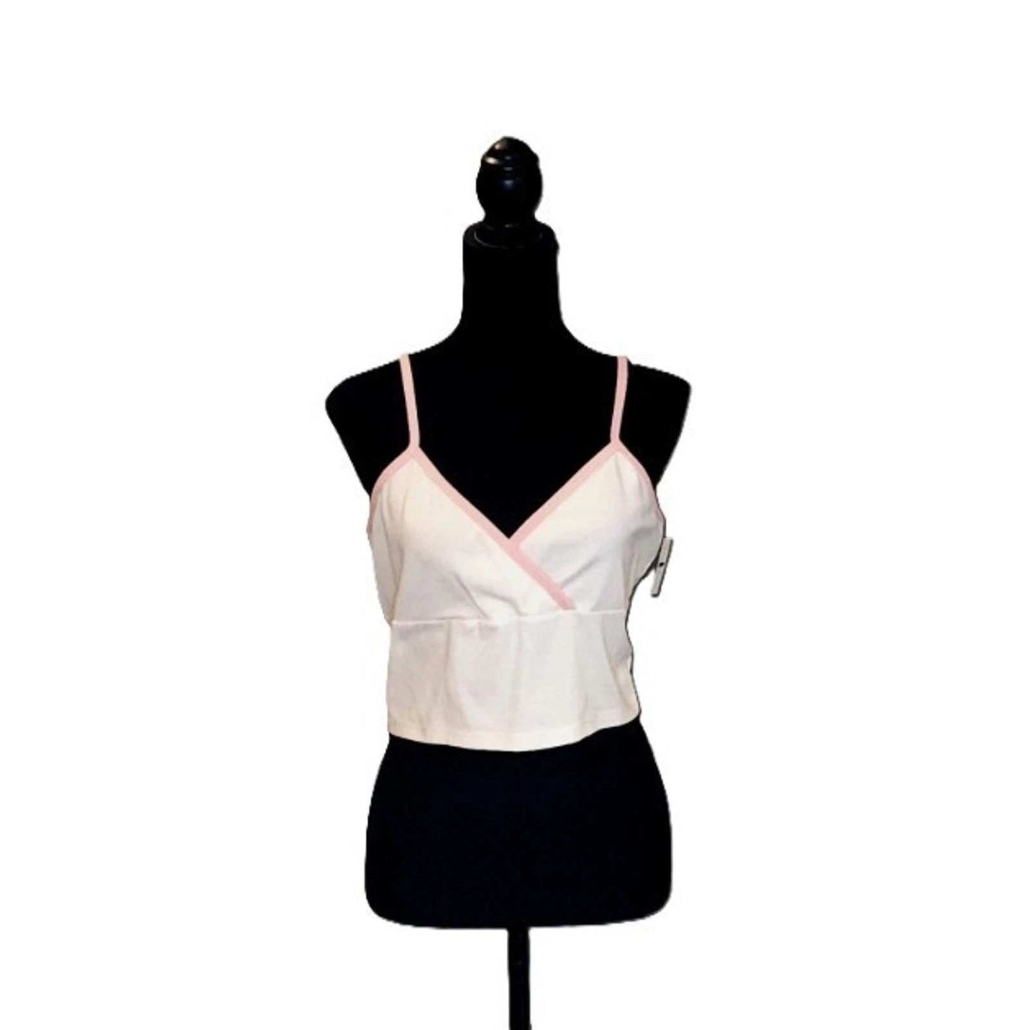 White Cropped Cami Top with Pink Contrast Trim Surplice V-Neck Sleeveless