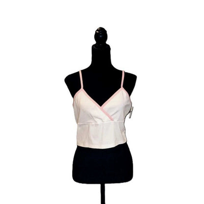 White Cropped Cami Top with Pink Contrast Trim Surplice V-Neck Sleeveless