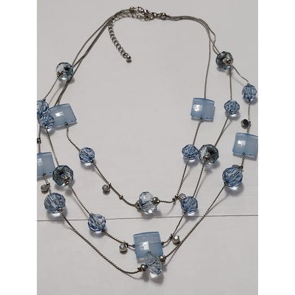Blue Beaded Multi Strand Necklace and Earring Set Silver Tone Layered Jewelry
