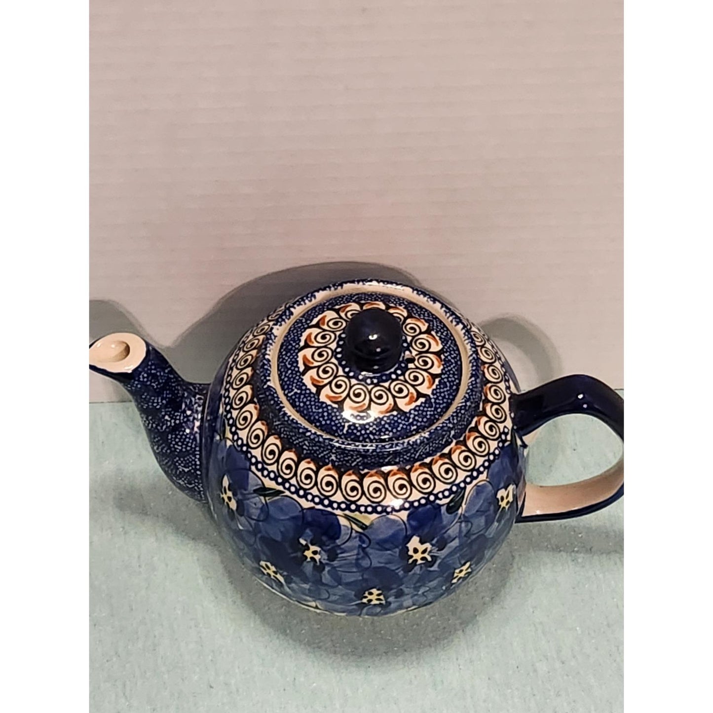 Boleslawiec Polish Pottery UNIKAT Teapot Blue Floral Hand Painted Stoneware 32oz