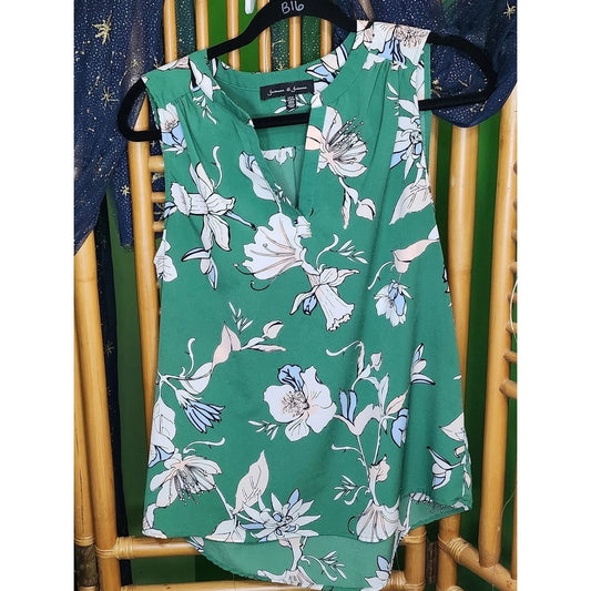 Jasmine & Juliana Green Floral Sleeveless Split V-Neck Blouse Boho Summer M
