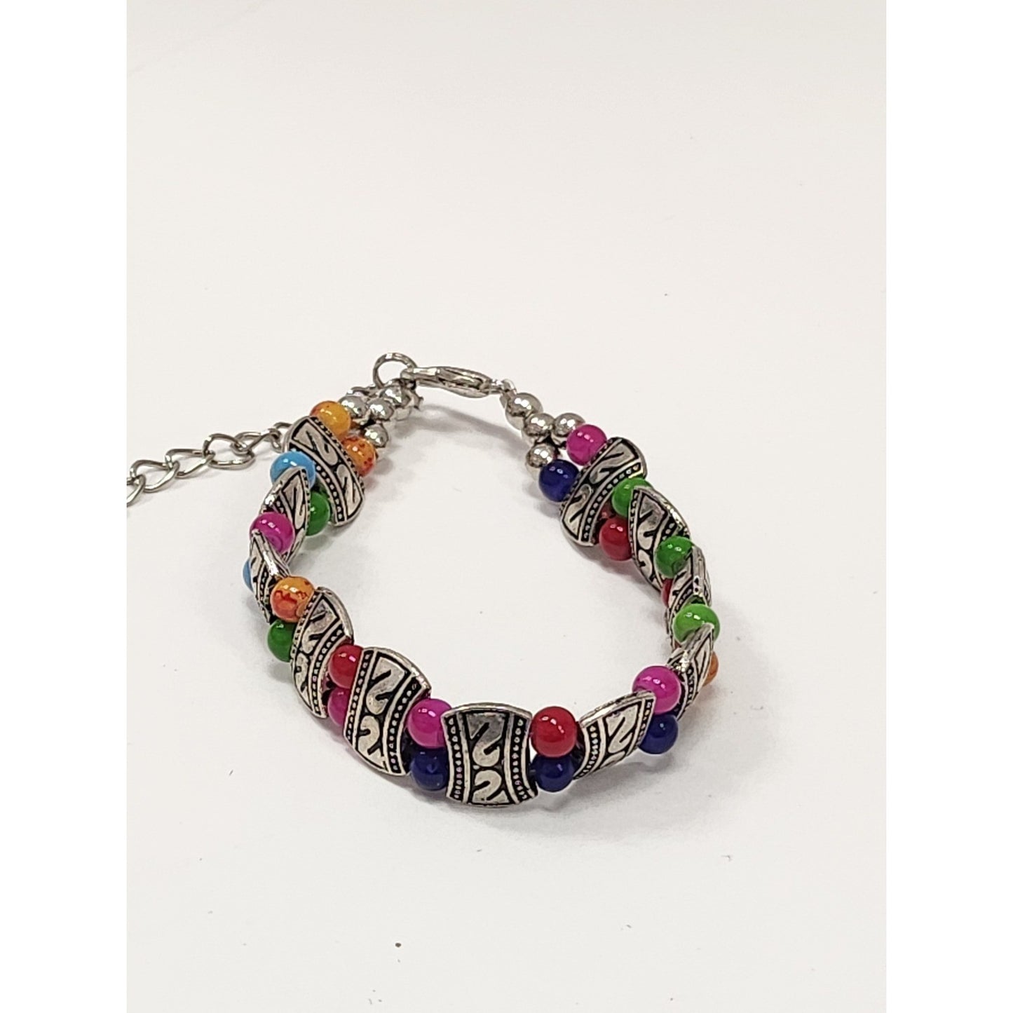 Boho Multi Color Beaded Bracelet Silver Tone Etched Spacers Adjustable Lobster