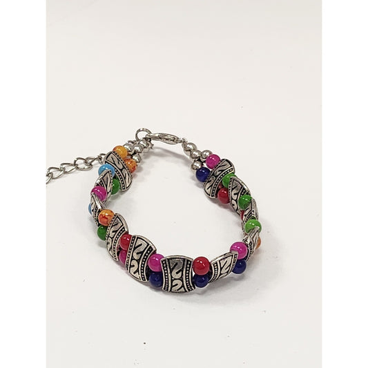 Boho Multi Color Beaded Bracelet Silver Tone Etched Spacers Adjustable Lobster