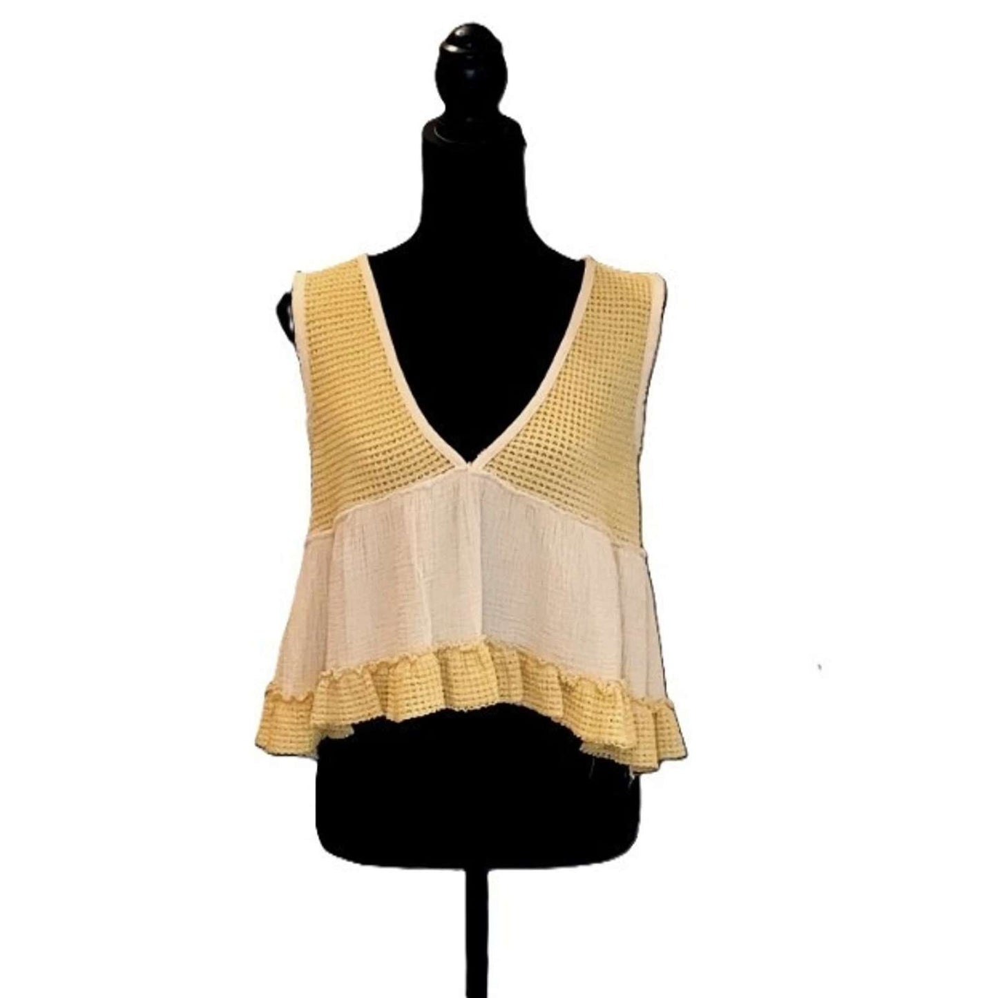 POL Mixed Media Tank Top Yellow Cream Waffle Knit Ruffle Boho Summer Festival