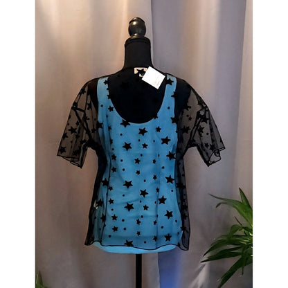 Lala Factory Black Mesh Star Top Sheer Short Sleeve Festival Goth Rave NEW
