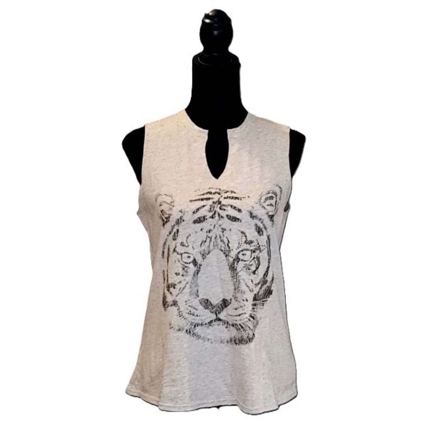 Blue B Tank Top Heather Grey Tiger Graphic Keyhole Neck Sleeveless Shirt NEW