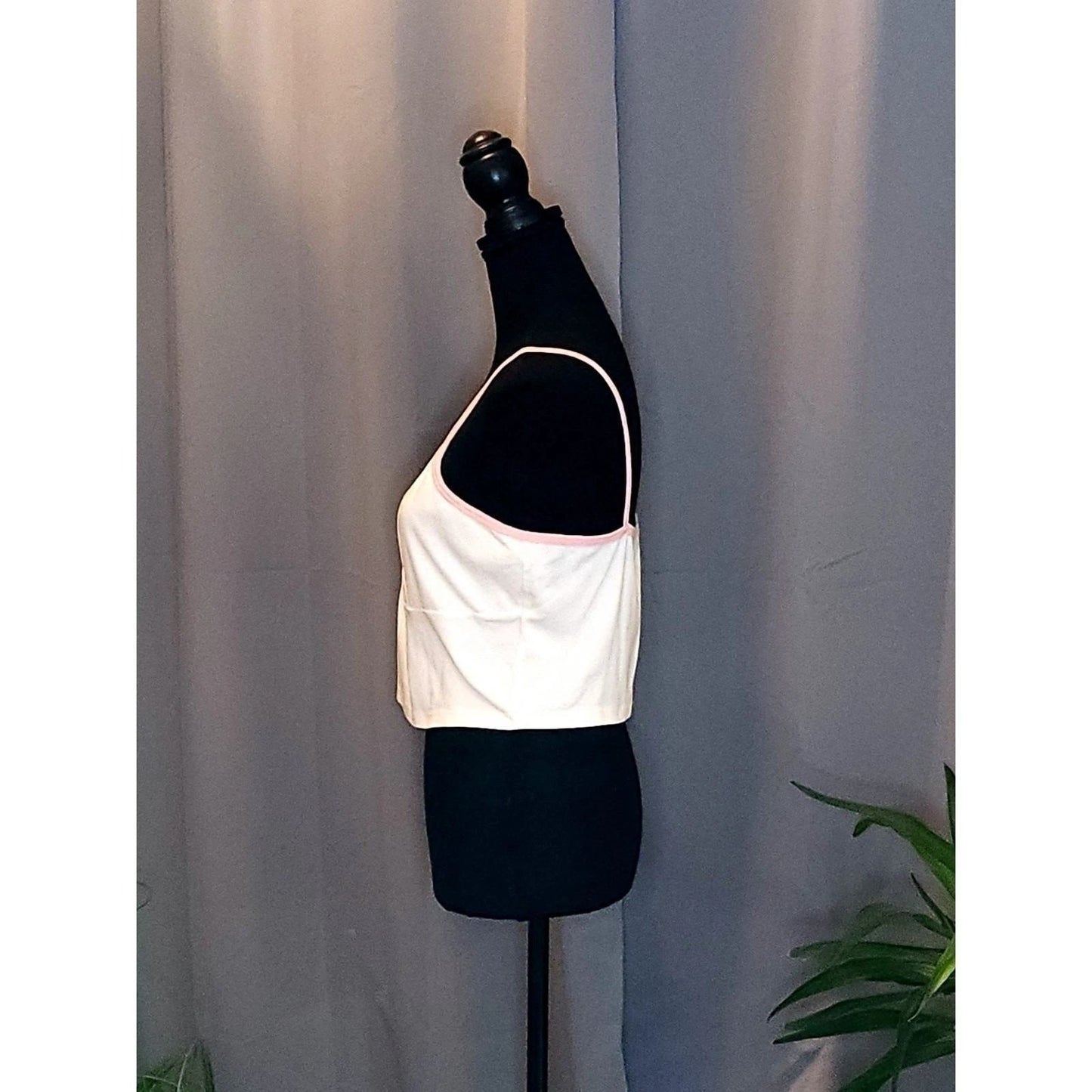White Cropped Cami Top with Pink Contrast Trim Surplice V-Neck Sleeveless