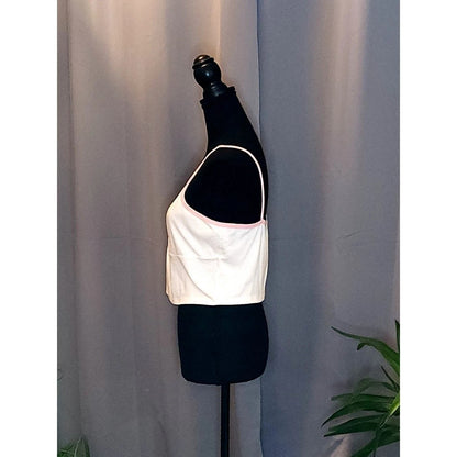 White Cropped Cami Top with Pink Contrast Trim Surplice V-Neck Sleeveless