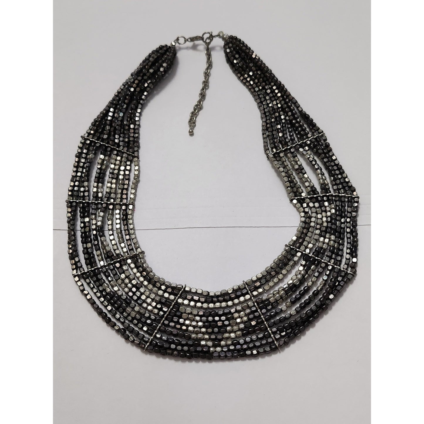 Chico's Multi Strand Beaded Bib Necklace Gunmetal Silver Tone Statement Chunky