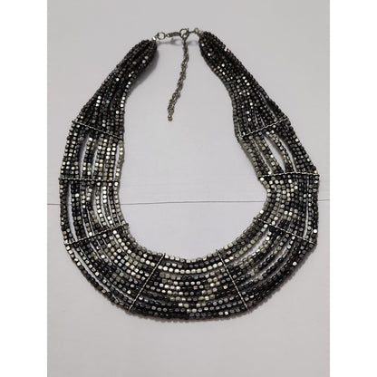 Chico's Multi Strand Beaded Bib Necklace Gunmetal Silver Tone Statement Chunky