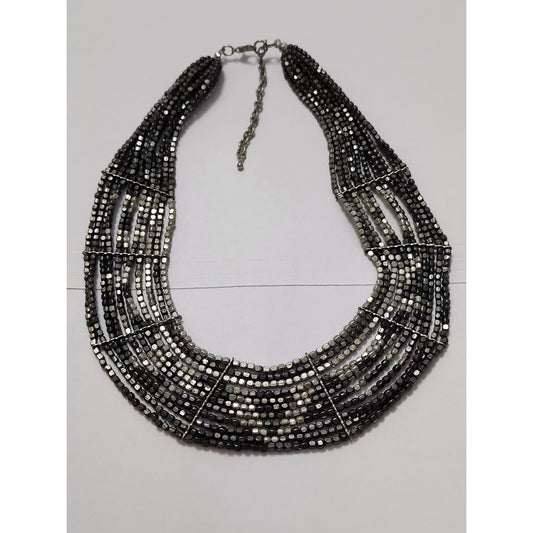 Chico's Multi Strand Beaded Bib Necklace Gunmetal Silver Tone Statement Chunky