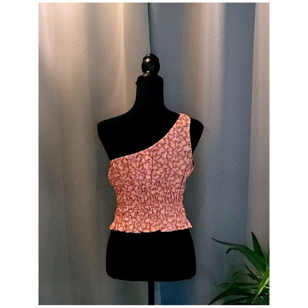 Floral One Shoulder Smocked Waist Top Pink Orange Ruffle Hem Summer Blouse M