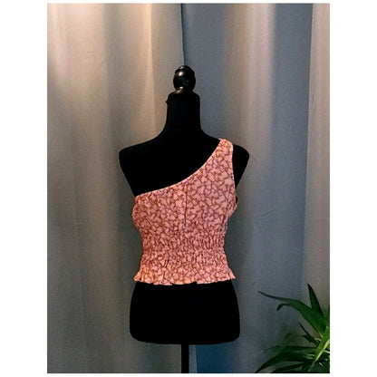 Floral One Shoulder Smocked Waist Top Pink Orange Ruffle Hem Summer Blouse M