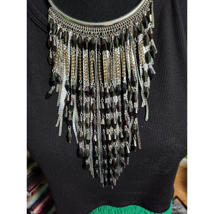 Charming Charlie Silver Black Beaded Tassel Fringe Statement Bib Necklace Boho